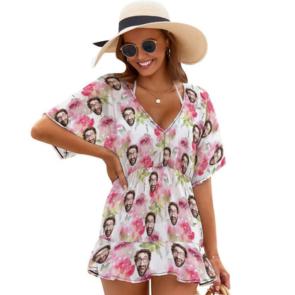 Custom Face Pink Flowers Cover Up Dress Personalized One Piece Cover Up