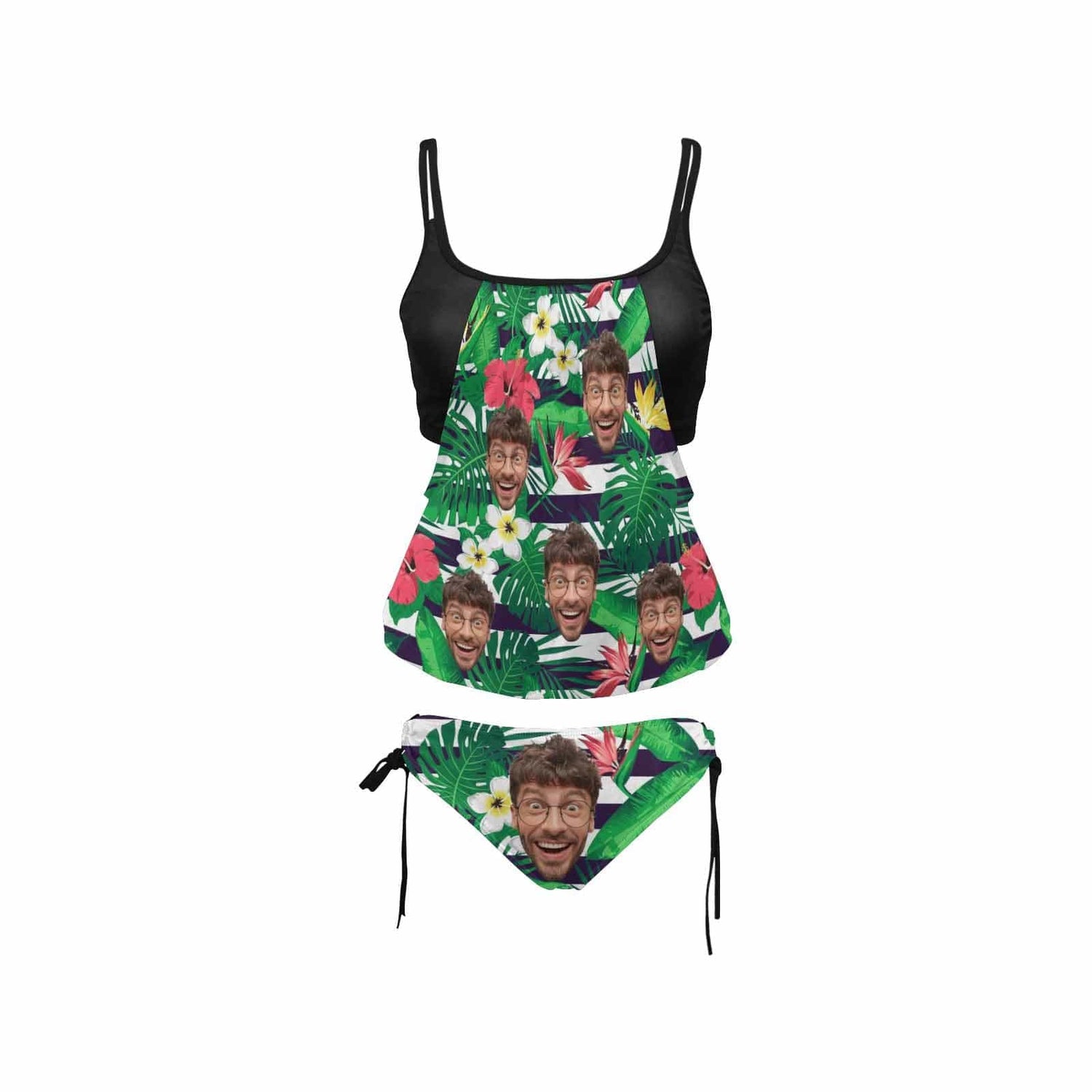 Custom Dark Green Flowers Face Two Piece Tankini Personalized Swimsuit Bathing Suit