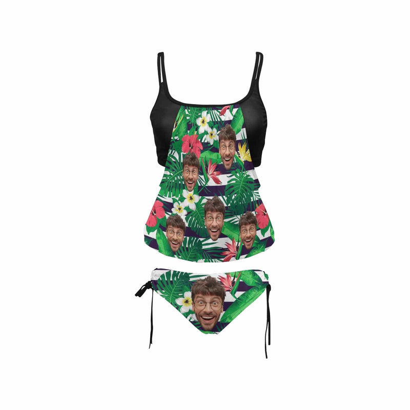 Custom Dark Green Flowers Face Two Piece Tankini Personalized Swimsuit Bathing Suit