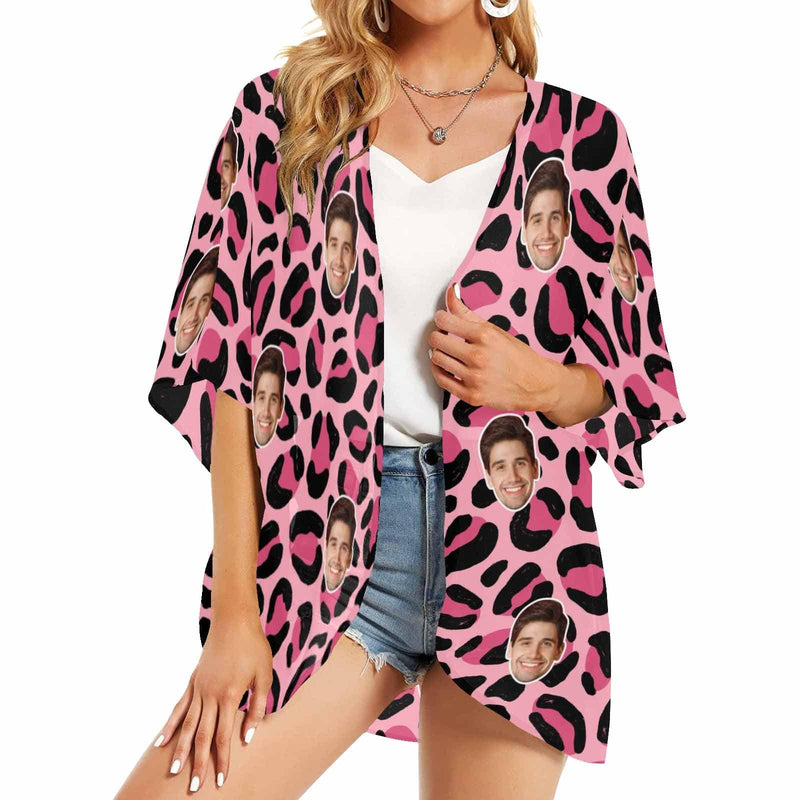 Custom Pink Leopard Face One Piece Bikini Cover Up Personalized Kimono Chiffon Cover Up