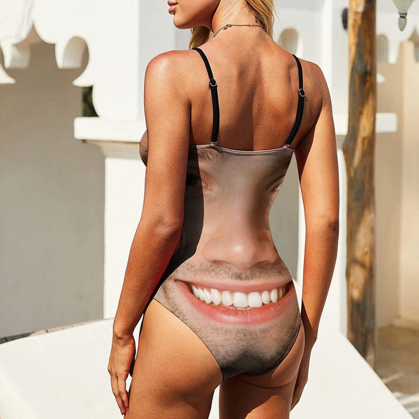 Custom Funny Face Open Waist Sling One Piece Swimsuit Personalized Summer Beach Pool Outfit