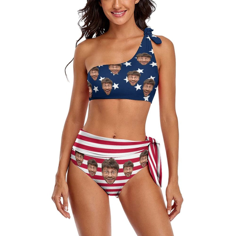 Custom American Flag Face One Shoulder Bikini Personalized Two Piece Summer Beach Pool High Waisted Swimsuit