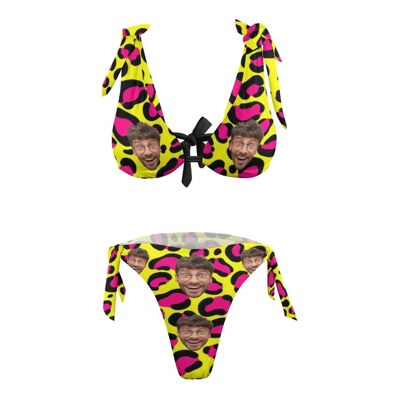 Custom Face Yellow Leopard Triangle Bikini SwimSuit Personalized Two Piece Swimsuit Bathing Suit