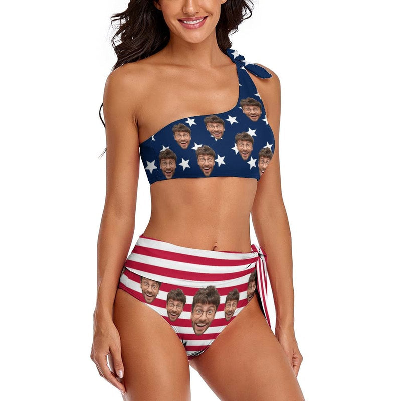 Custom American Flag Face One Shoulder Bikini Personalized Two Piece Summer Beach Pool High Waisted Swimsuit
