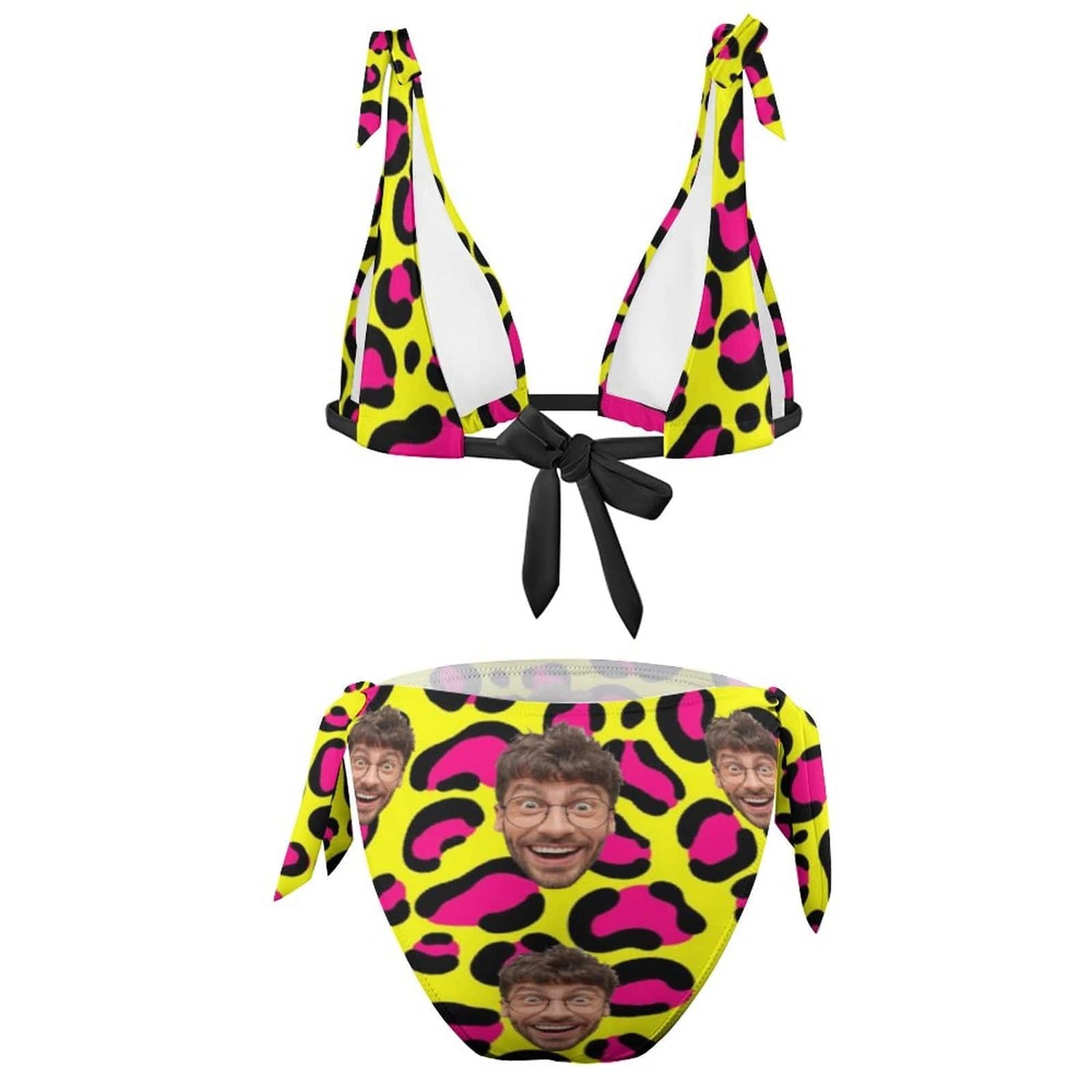 Custom Face Yellow Leopard Triangle Bikini SwimSuit Personalized Two Piece Swimsuit Bathing Suit