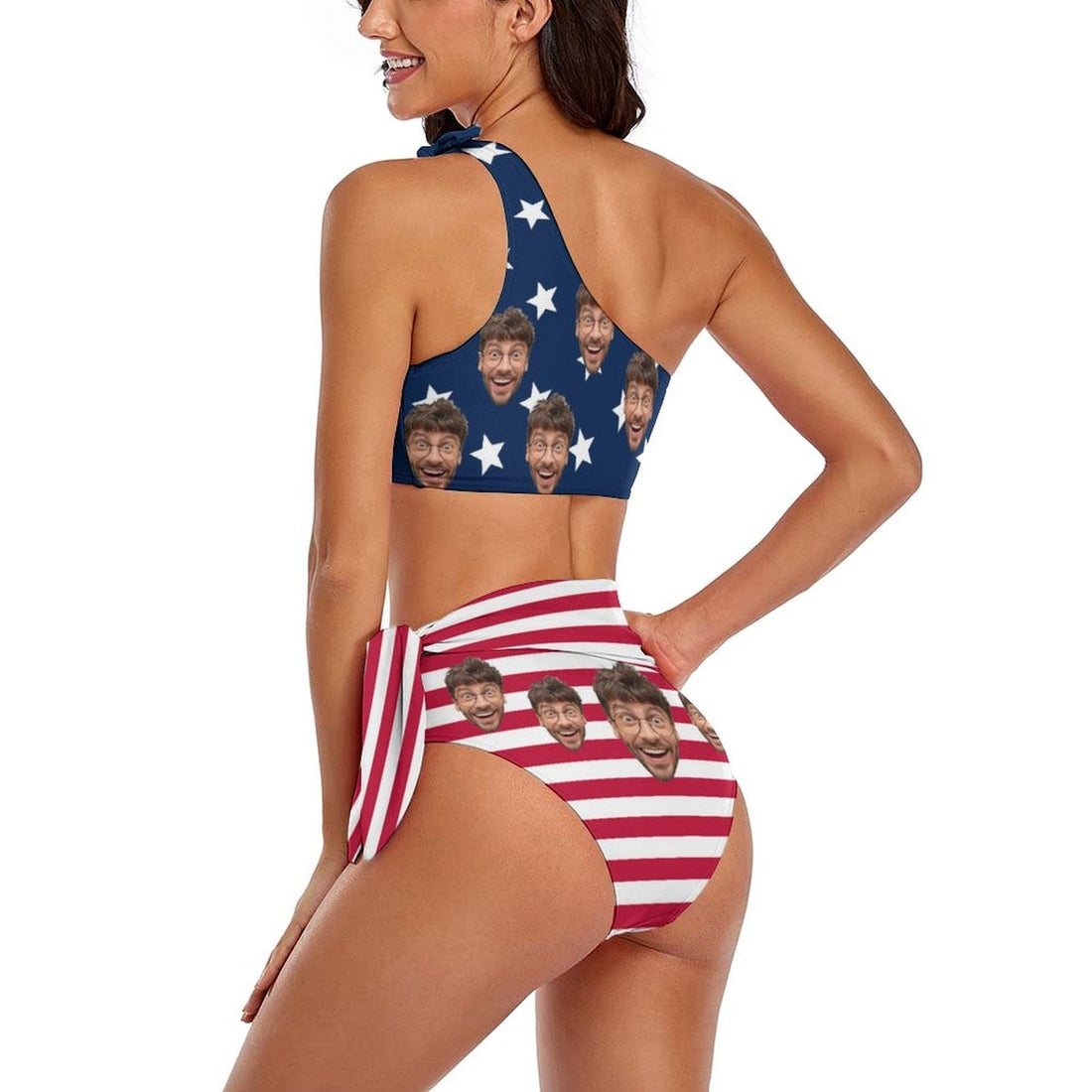 Custom American Flag Face One Shoulder Bikini Personalized Two Piece Summer Beach Pool High Waisted Swimsuit