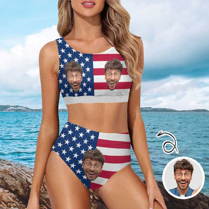 Custom American Flag Face High Cut Crew Neck Sports Bikini Personalized Two Piece Swimwear Beach Pool Outfit