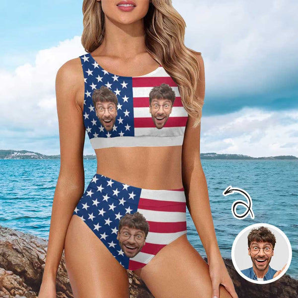 Custom American Flag Face High Cut Crew Neck Sports Bikini Personalized Two Piece Swimwear Beach Pool Outfit