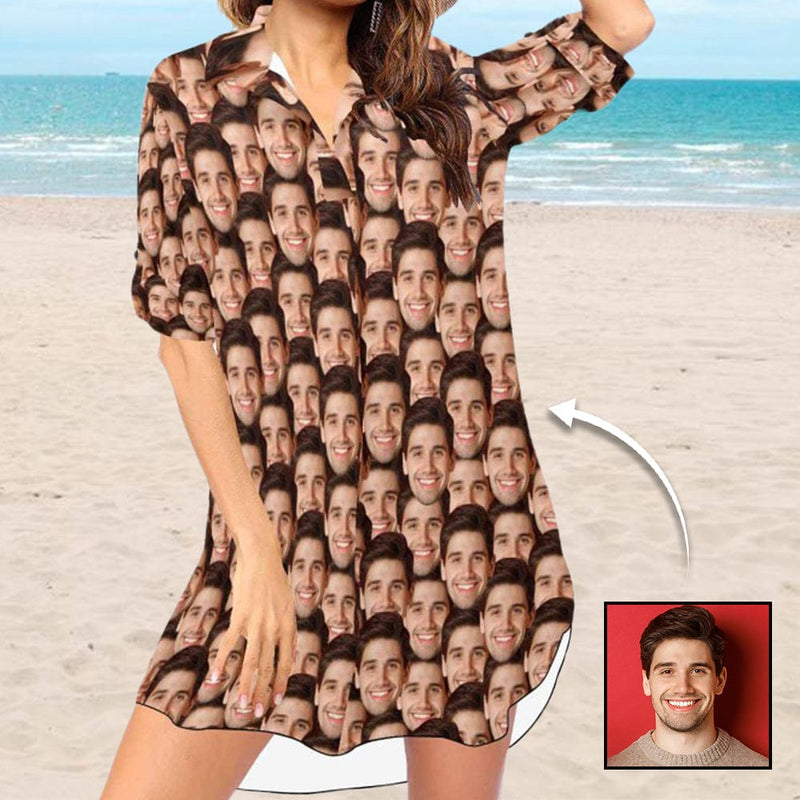 Custom Seamless Face Chiffon Shirt Dress Cover Up Personalized V-Neck Bikini Beach Tunic Top