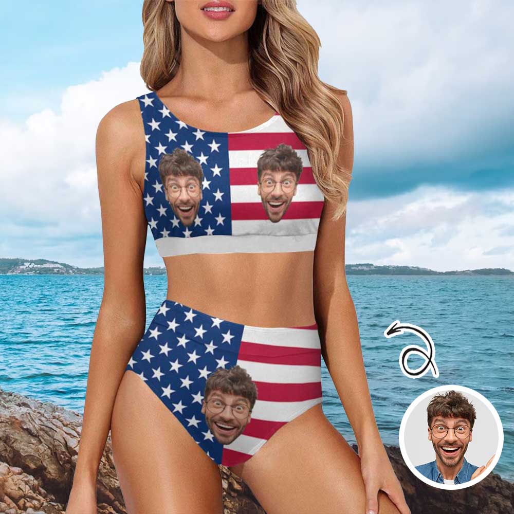 Custom American Flag Face One Piece Swimsuit Personalized Two Piece Bikini Tankini Beach Pool Outfit