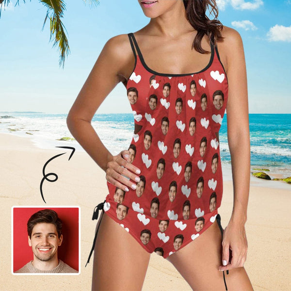 Custom Heart Face Red Tankini Personalized Bikini Top Set Swimwear Two Piece Bathing Suit
