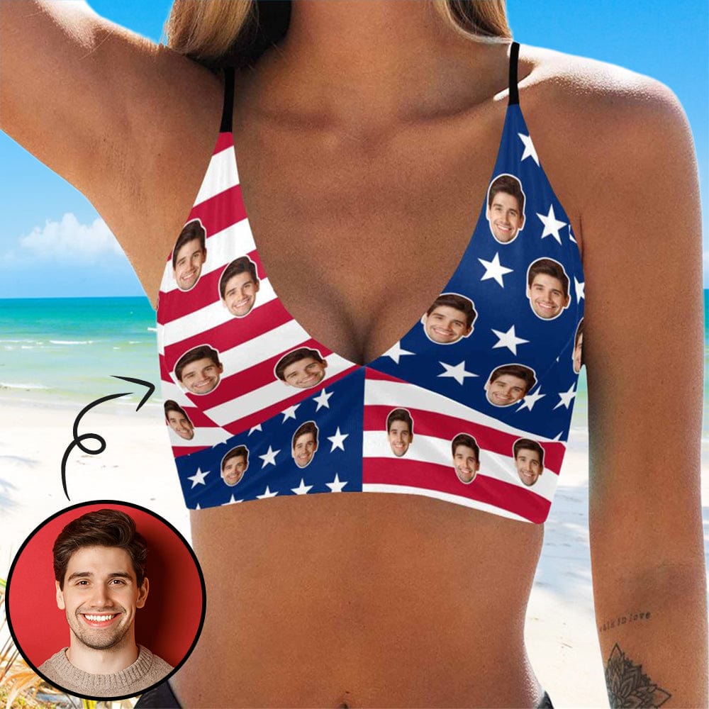 Custom American Flag Face Deep V Neck Personalized Triangle Bikini Swimsuit Top