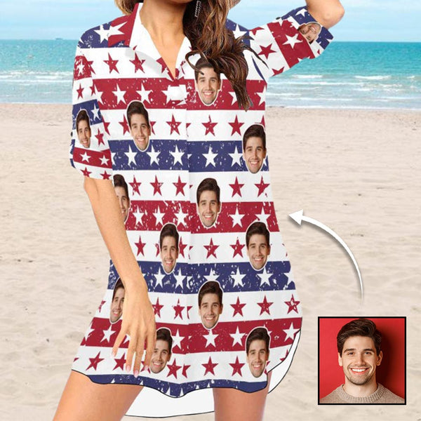 Custom Flag Face Stripes Chiffon Shirt Dress Cover Up Personalized V-Neck Bikini Beach Tunic Top