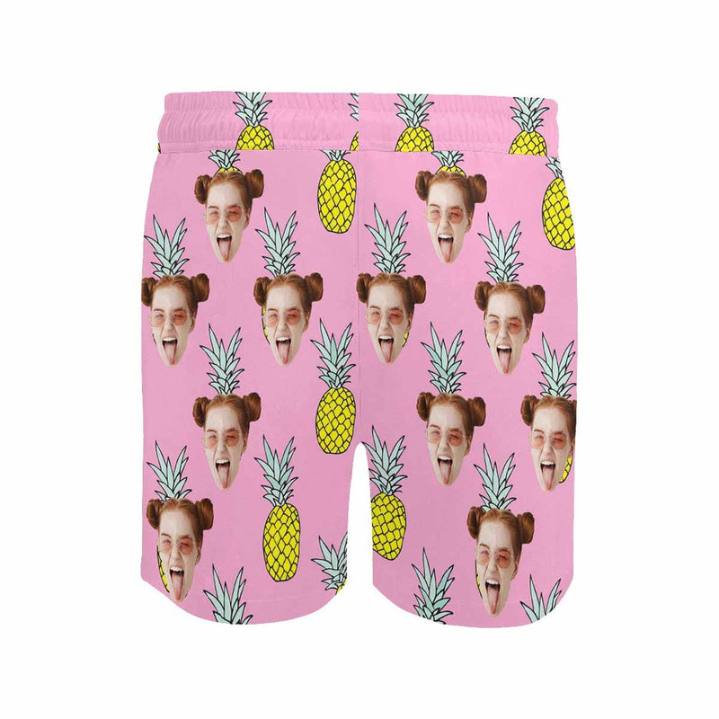 Custom Pineapple Face Pink Drawstring Swim Shorts Personalized Gift for Him