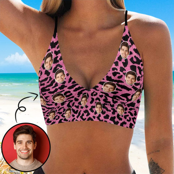 Custom Pink Leopard Face Deep V Neck Personalized Bikini Swimsuit Top