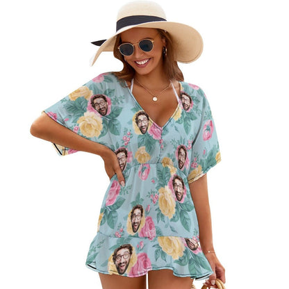 Custom Face Light Blue Flowers Cover Up Dress Personalized One Piece Cover Up