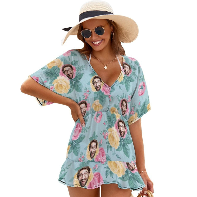 Custom Face Light Blue Flowers Cover Up Dress Personalized One Piece Cover Up