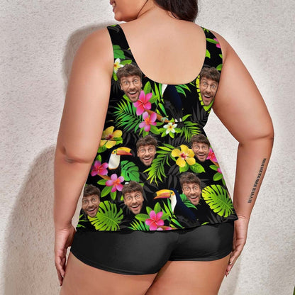 Plus Size Custom Dark Green Flower Face Tankini Bathing Suit Personalized Two Piece Swimsuit