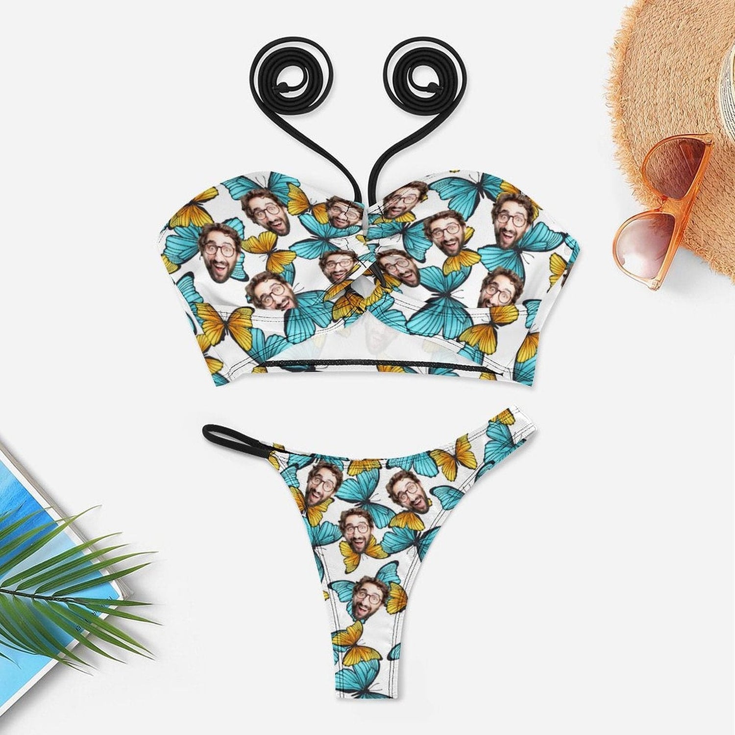 Custom Butterfly Face Neckline Cutout Criss Cross Bikini Personalized Swimsuit Bathing Suit