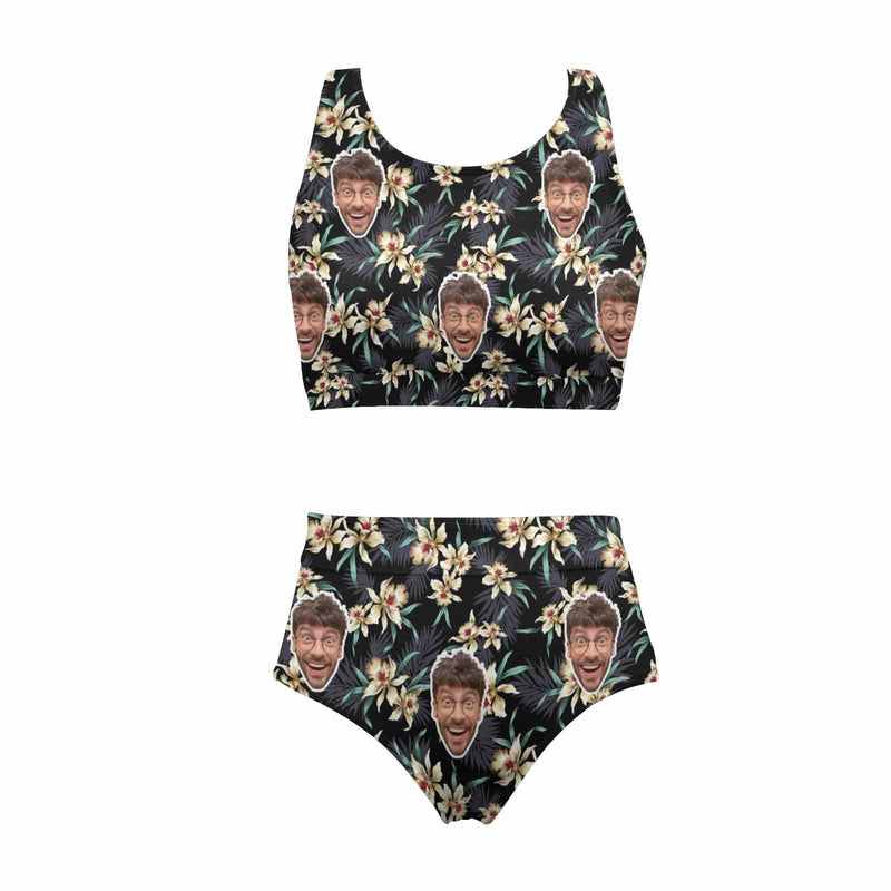 Custom Flower Face Dark High Cut Crew Neck Sports Bikini Personalized Two Piece Swimwear Beach Pool Outfit