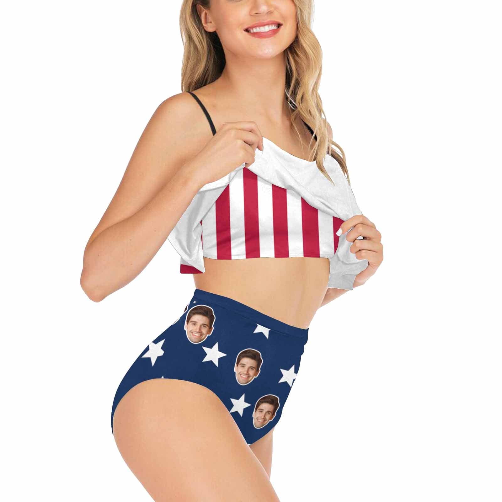 Custom American Flag Face One Piece Swimsuit Personalized Two Piece Bikini Tankini Beach Pool Outfit