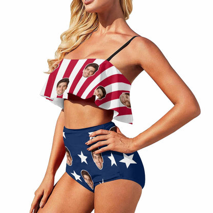 Custom American Flag Face One Piece Swimsuit Personalized Two Piece Bikini Tankini Beach Pool Outfit