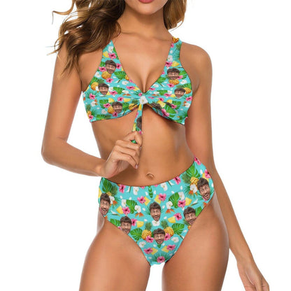 Custom Pineapple&amp;Leaves Face Strap High Waist Bikini Personalized Two Piece Swimsuit Bathing Suit