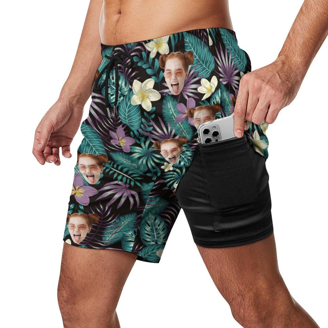 Custom Face Dark Leaves 2 in 1 Quick-Dry Swim Shorts with Pocket Personalized Swim Trunks