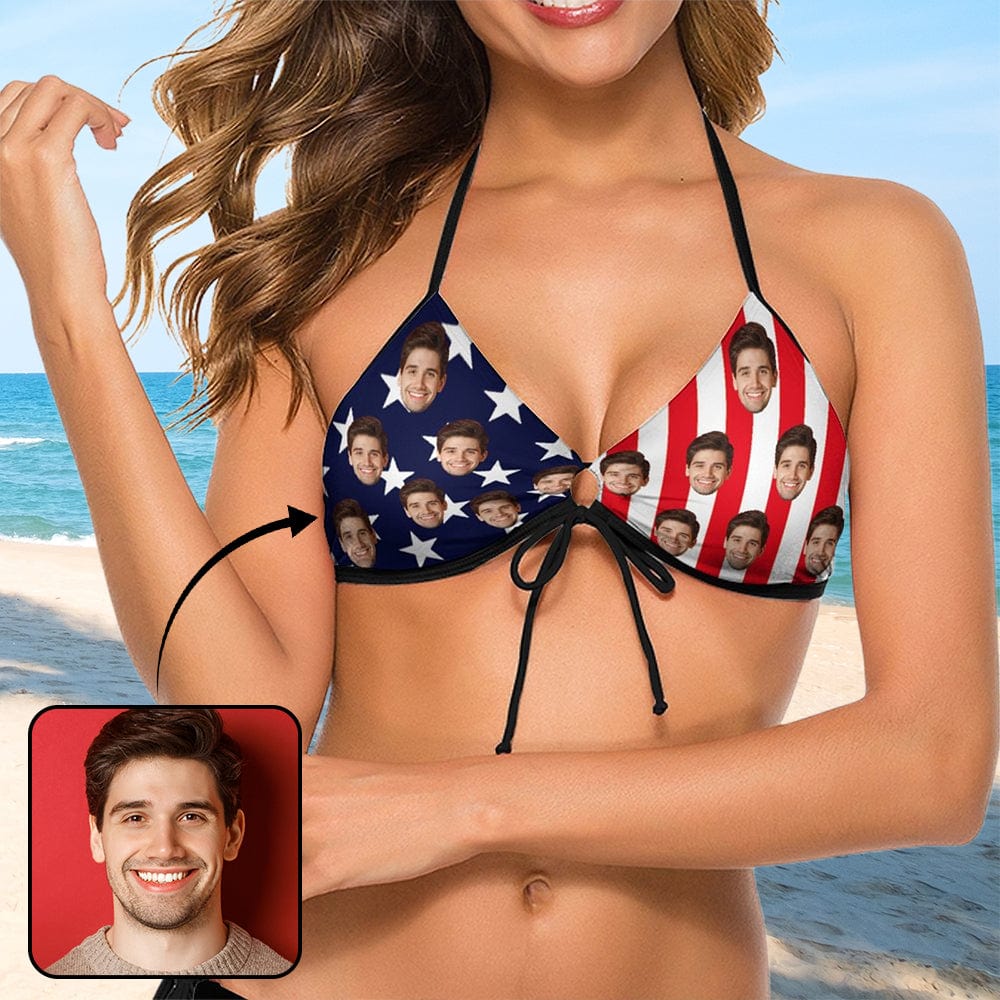 Custom Stars and Stripes Face Halter Bikini Top Personalized Bikini Swimsuit Top