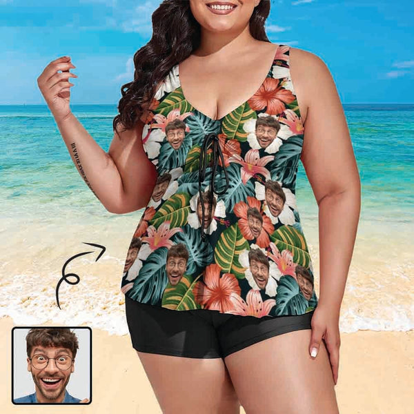 Plus Size Custom Colorful Flower Face Tankini Bathing Suit Personalized Two Piece Swimsuit