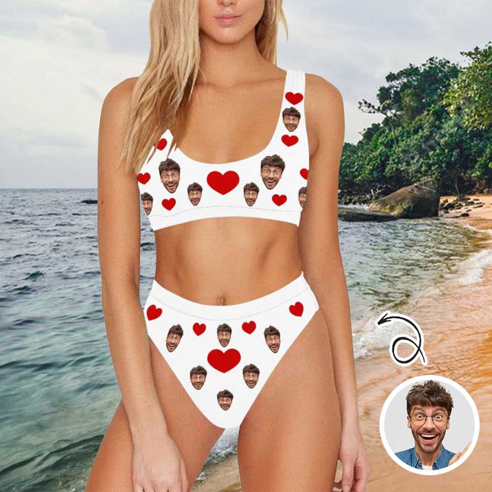 Custom Heart Face Couple Matching Sports Bikini Swim Shorts Personalized Swimwear Beach Pool Outfit