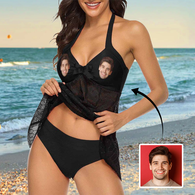 Custom Face Black Lace Low Waisted Tankini Personalized Sexy Swim Dress Beach Outfit