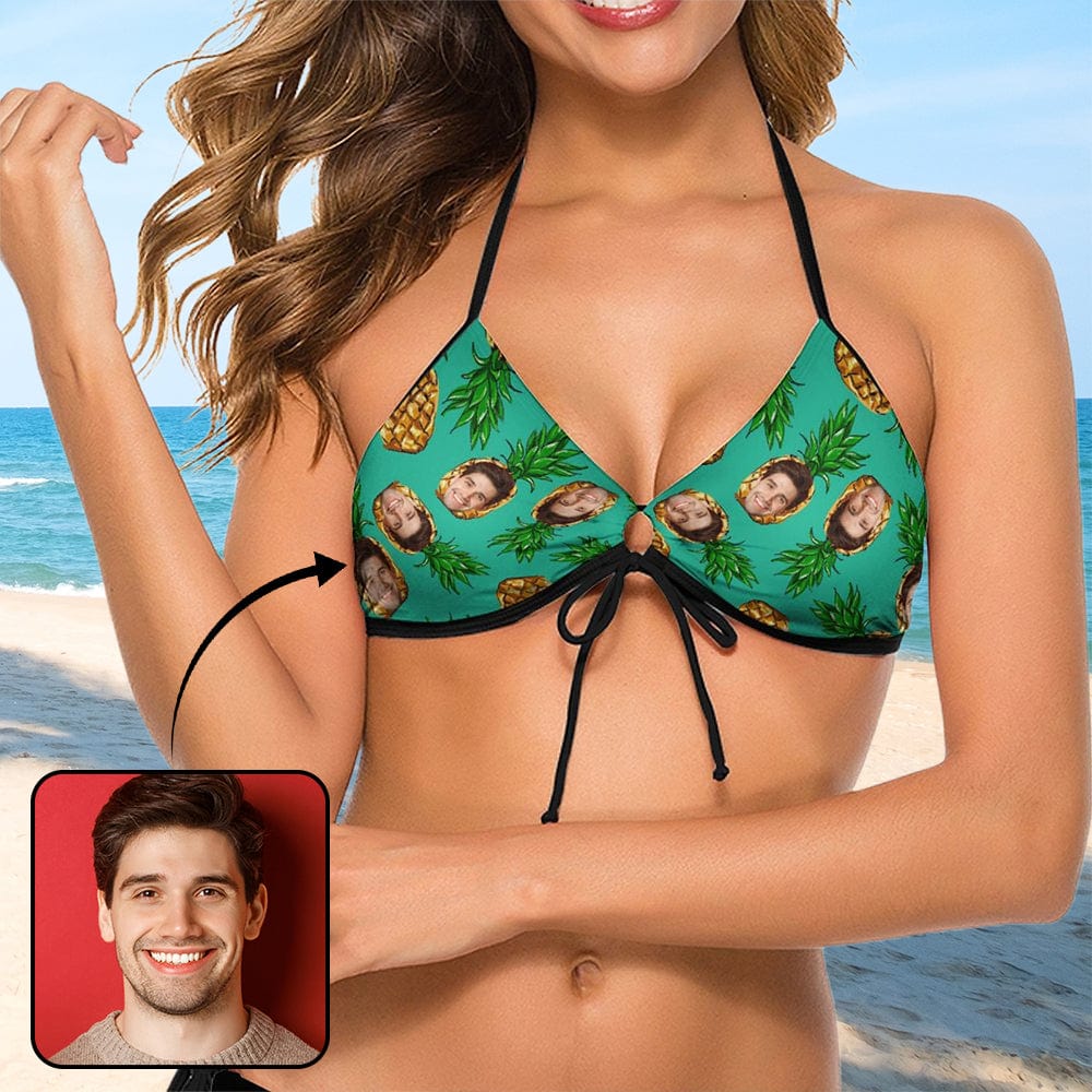 Custom Pineapple Face Green Halter Bikini Top Personalized Bikini Swimsuit Top