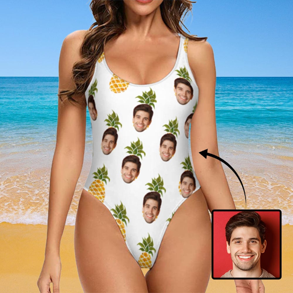 Custom White Pineapple Face Tank Top Swimsuit Personalized One Piece Bathing Suit