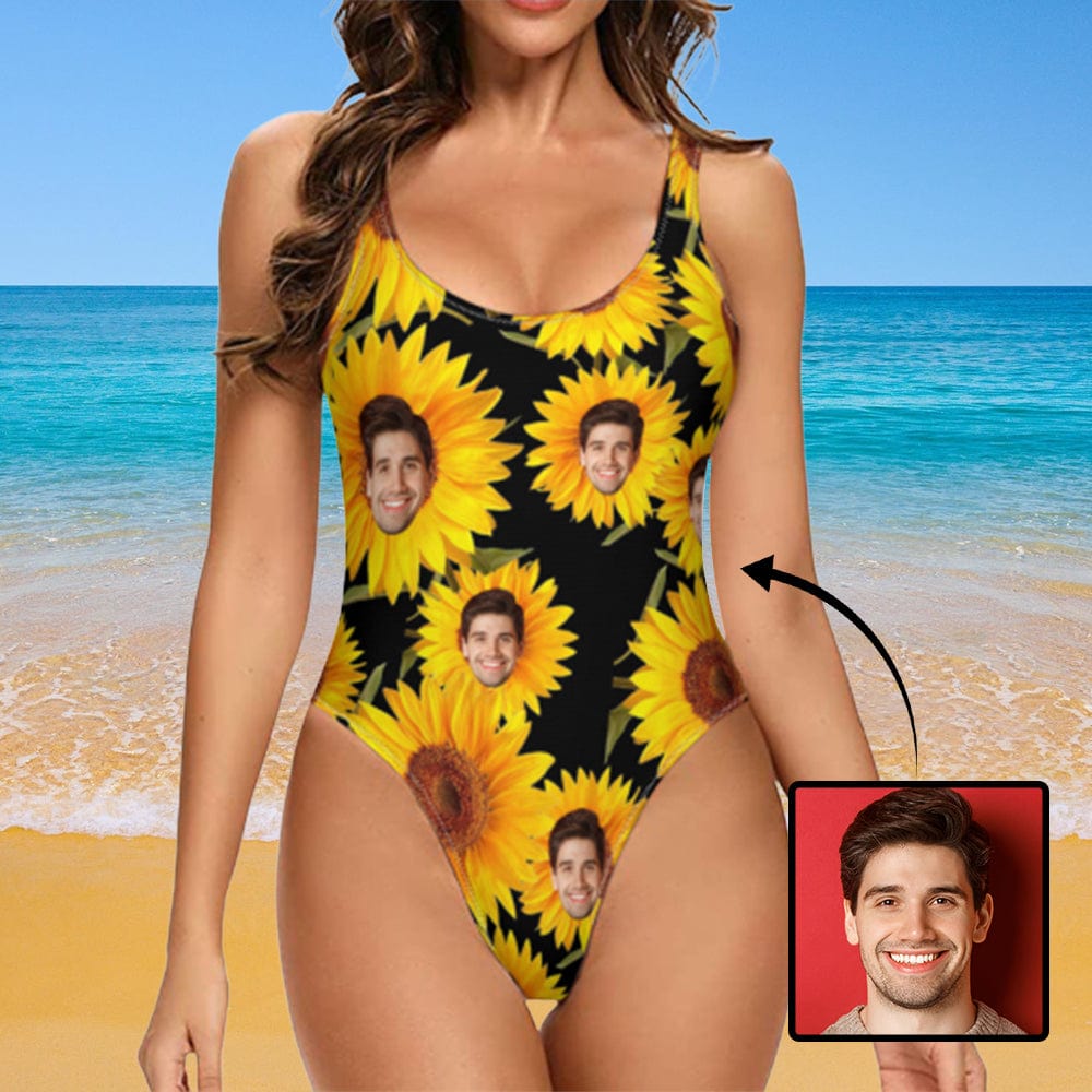 Custom Sunflower Face Tank Top Swimsuit Personalized One Piece Bathing Suit