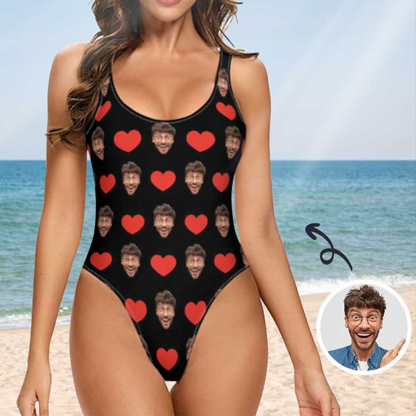 Custom Heart Face Black One Piece Swimsuit Personalized Tank Top Bathing Suit Holiday Party