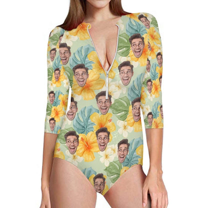 Custom Face Half Sleeve One Piece Swimsuit Personalized Yellow Flower Half Sleeve Bikini