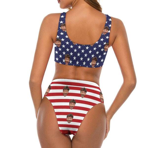 Custom Stars&Stripes Face High Waist Strap Bikini Personalized Two Piece Swimsuit Bathing Suit