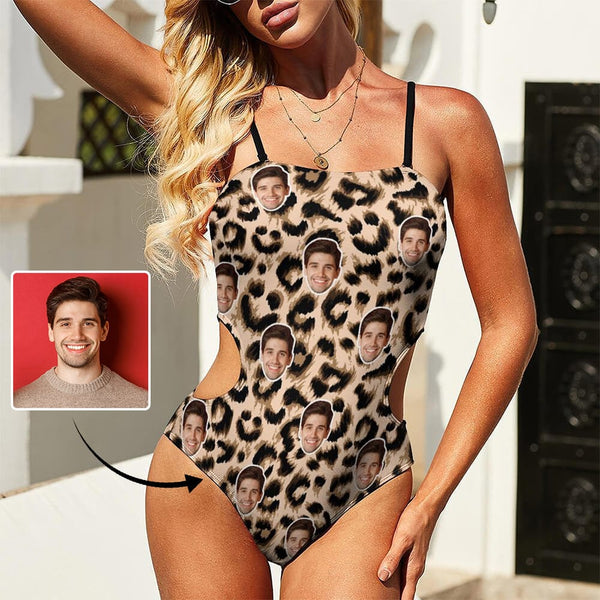 Custom Leopard Face Open Waist Sling One Piece Swimsuit Personalized Summer Beach Pool Outfit