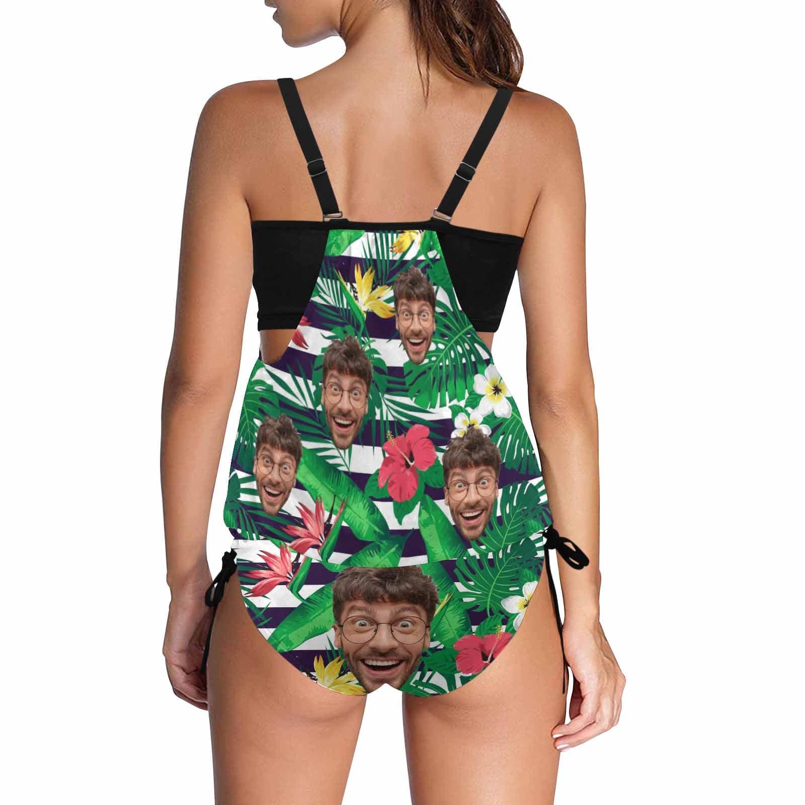 Custom Dark Green Flowers Face Two Piece Tankini Personalized Swimsuit Bathing Suit