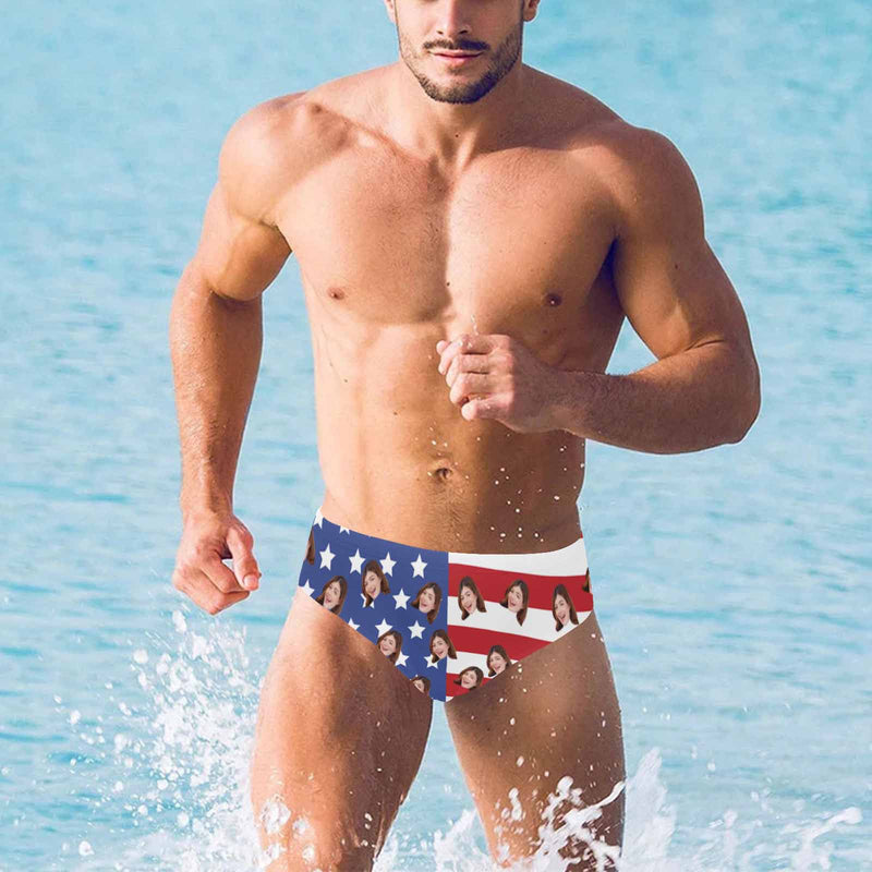 Custom Face American Flag Triangle Swim Briefs Personalized Swim Trunks