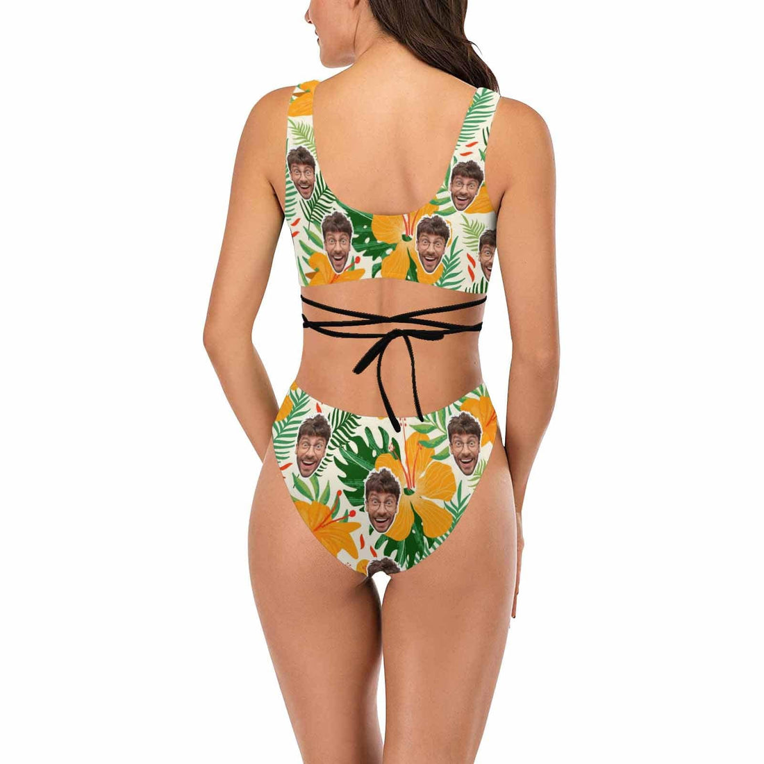 Custom Flower Face Tie Bond Low Waisted Bikini Personalized Two Piece Swimsuit Bathing Suit Summer Beach Pool Outfits