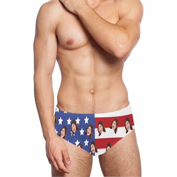 Custom Face American Flag Triangle Swim Briefs Personalized Swim Trunks