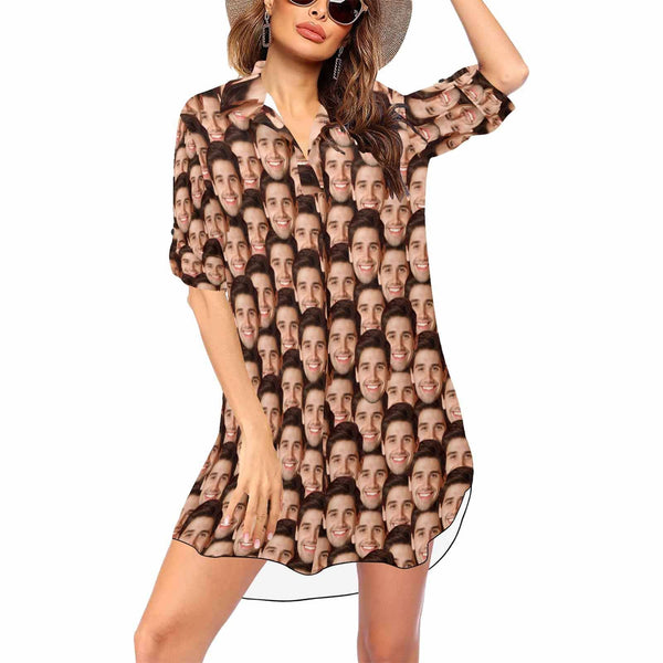 Custom Seamless Face Chiffon Shirt Dress Cover Up Personalized V-Neck Bikini Beach Tunic Top