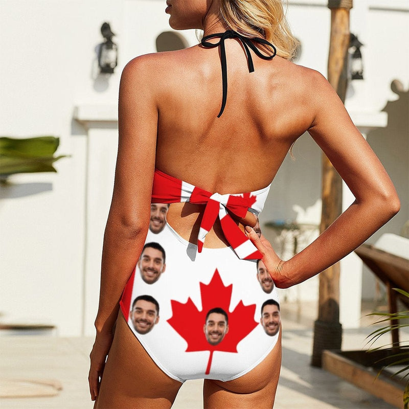 Custom Face Maple Leaf Women's Backless Bow One Piece Swimsuit Bathing Suit