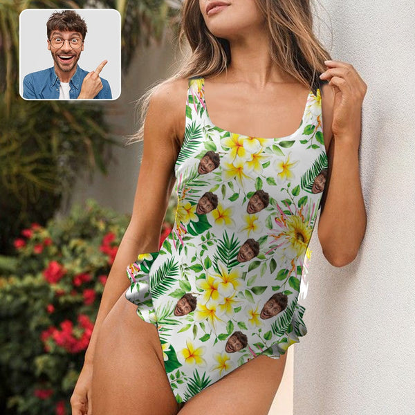 Custom Face Flowers Tank Top Ruffle SwimSuit Personalized One Piece Swimsuit Bathing Suit Summer Beach Pool Outfits