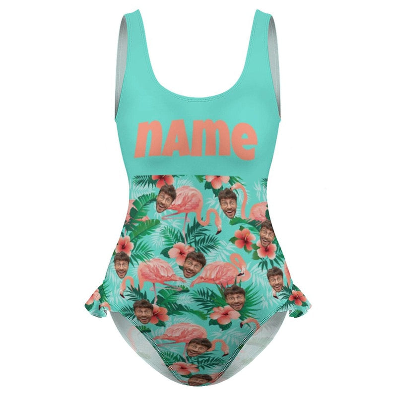 Custom Face Flamingo Tank Top Ruffle SwimSuit Personalized One Piece Swimsuit Bathing Suit Summer Beach Pool Outfits