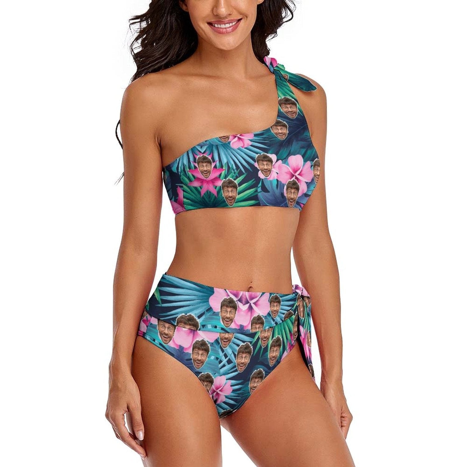 Custom Flower Face One Shoulder Bikini Personalized Women&