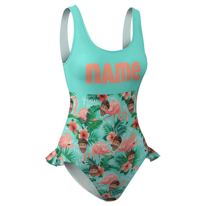 Custom Face Flamingo Tank Top Ruffle SwimSuit Personalized One Piece Swimsuit Bathing Suit Summer Beach Pool Outfits