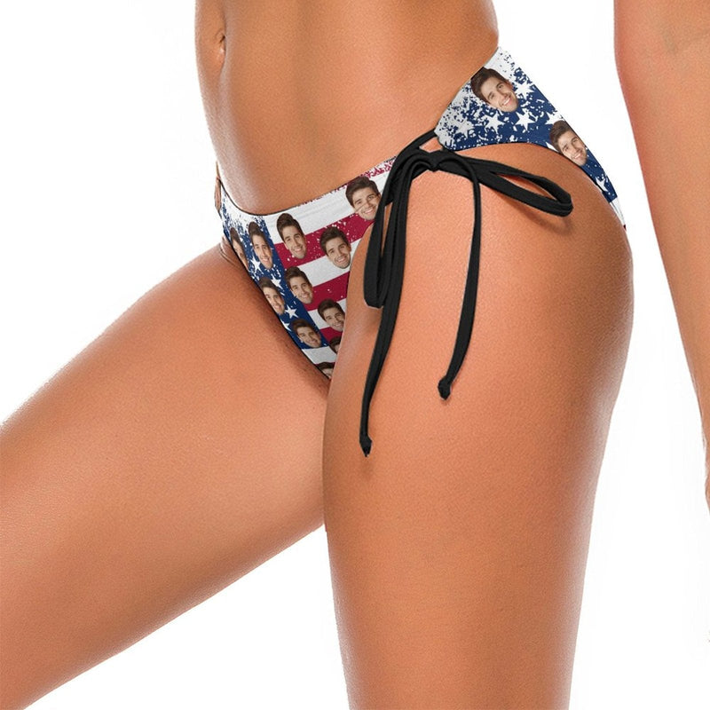 Custom Stars and Stripes Face Halter Bikini Bottom Personalized Bikini Swimsuit Bottom